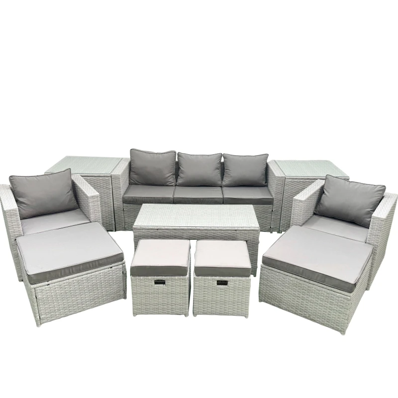 Image of Fimous Rattan Garden Furniture Set Outdoor Lounger Sofa with Coffee Table 4 Footstools 2 Side Tables Light Grey Mixed 9 Seater Light Grey