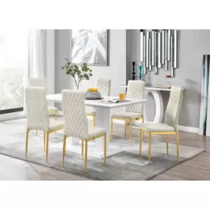 Image of Furniture Box Imperia 6 White Dining Table and 6 Cream Velvet Milan Gold Leg Chairs