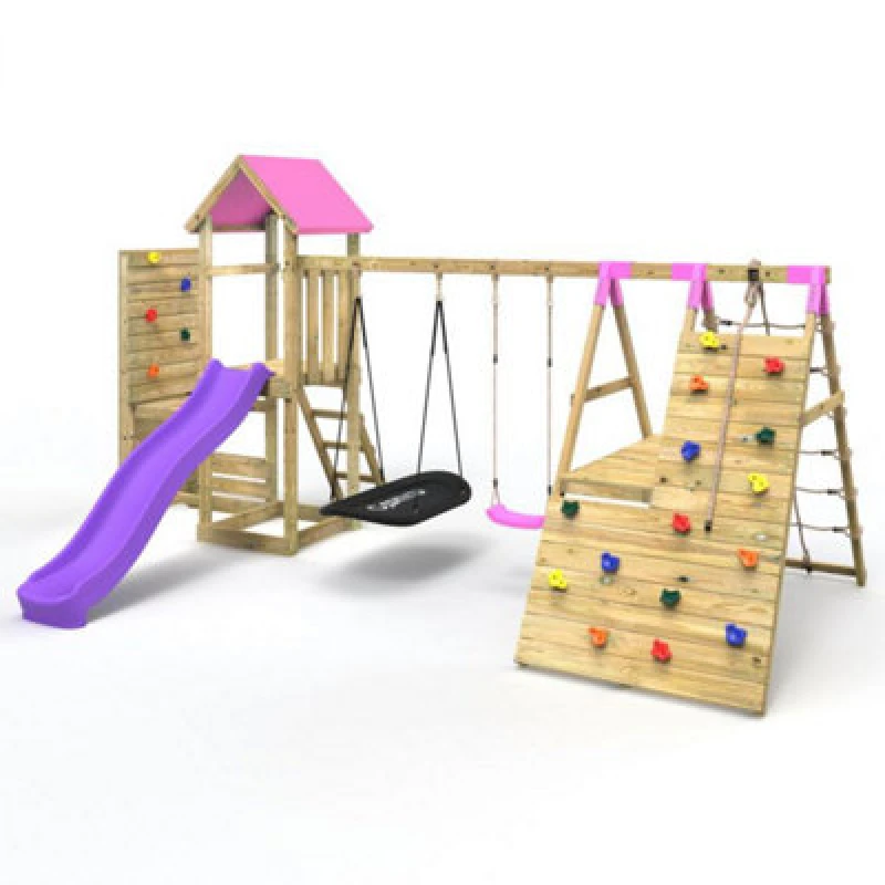 Image of Rebo Wooden Climbing Frame with Swings, Climbing Walls and Slide - San Luis Pink Pink