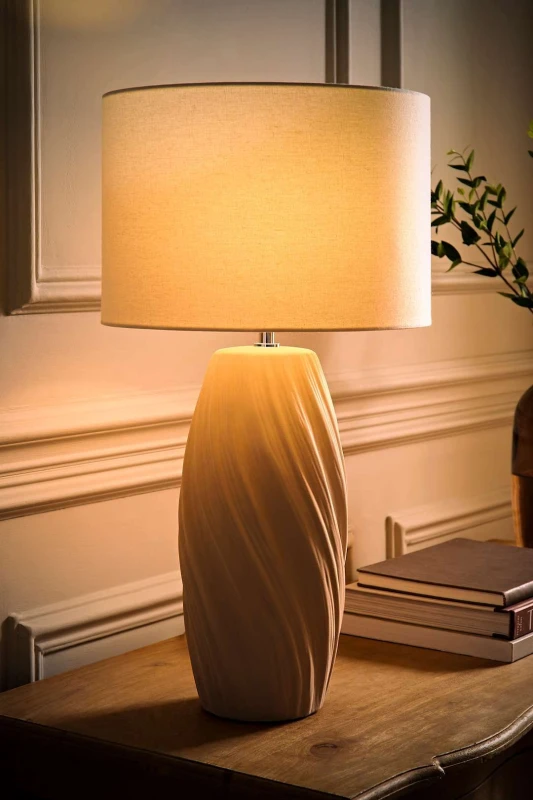 Image of ValueLights Lydia Natural Linen Drum Lamp Shade Tall Swirl Natural Table Lamp with LED Bulb Natural Unisex