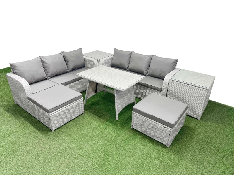 Image of Fimous Rattan High Back Lounge Sofa Set with 2 Side Tables 2 Big Stool in Light Grey Light Grey Unisex