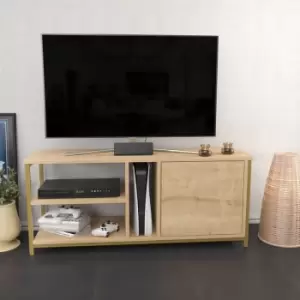 Image of Decorotika Neola 119cm Wide Modern TV Stand, TV Unit, TV Cabinet Storage With Three Open Shelves And Cabinet - Yellow And Oak Colour