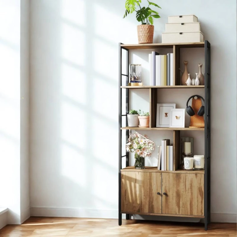 Image of Pirlo Plush Industrial Bookcase Storage Cabinet Shelving Unit Rustic Oak in Light Oak Light Oak Unisex