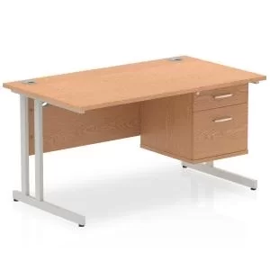 Image of Impulse 1400 Rectangle Silver Cant Leg Desk OAK 1 x 2 Drawer Fixed Ped