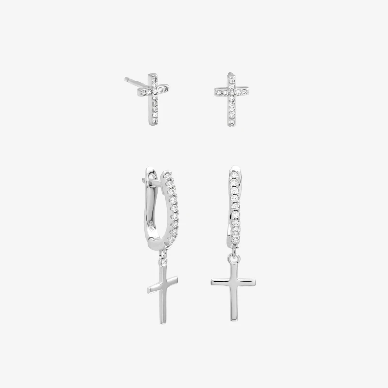 Image of Inicio Sterling Silver Plated Cross Earrings - Pack of 2 Silver female One Size