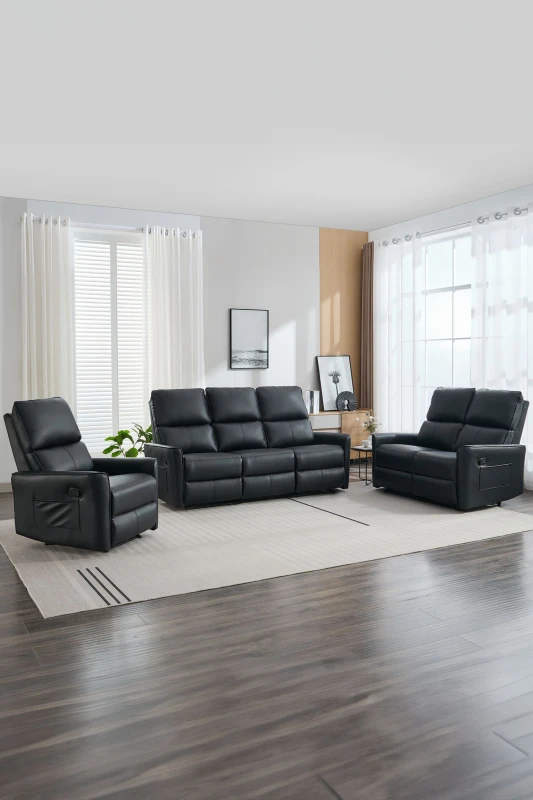 Image of More4Homes Madrid 1+2+3 Seater Manual Air Leather Recliner Sofa Set Black