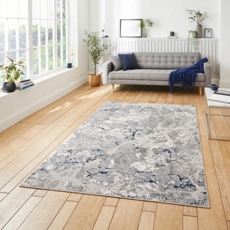 Image of Grey Navy Modern Abstract Easy To Clean Dining Room Rug-120Cm X 170Cm