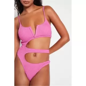 Image of I Saw It First Pink Crinkle Rib Cut Out V Bar Swimsuit - Pink