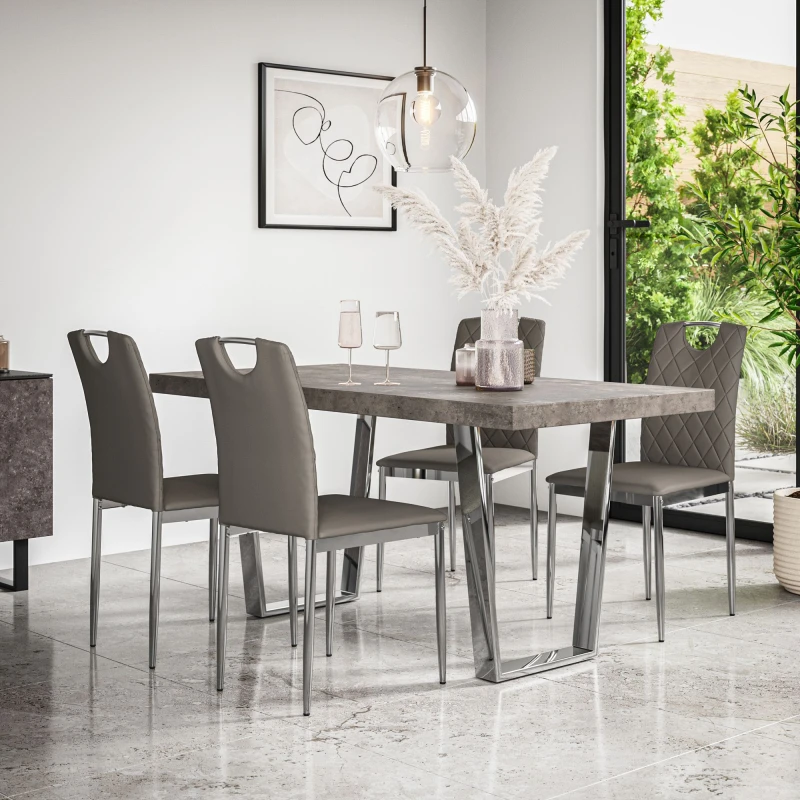 Image of More4Homes Aria Dining Table And Chairs - Concrete Effect Table Top W Chrome Legs + 6 Monza Faux Leather Dining Chairs W Chrome Legs (Grey)