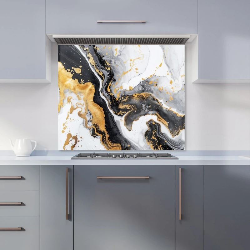 Image of Warren Reed - Designer Gold White & Black Marble Effect Kitchen Splashback Size: 700mm x 650mm Gold Unisex 700mm x 650mm