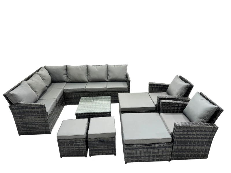Image of Fimous 12 Seat Poly Rattan Corner Sofa Set with 4 Stools 2 Chairs in Dark Grey Dark Grey Unisex