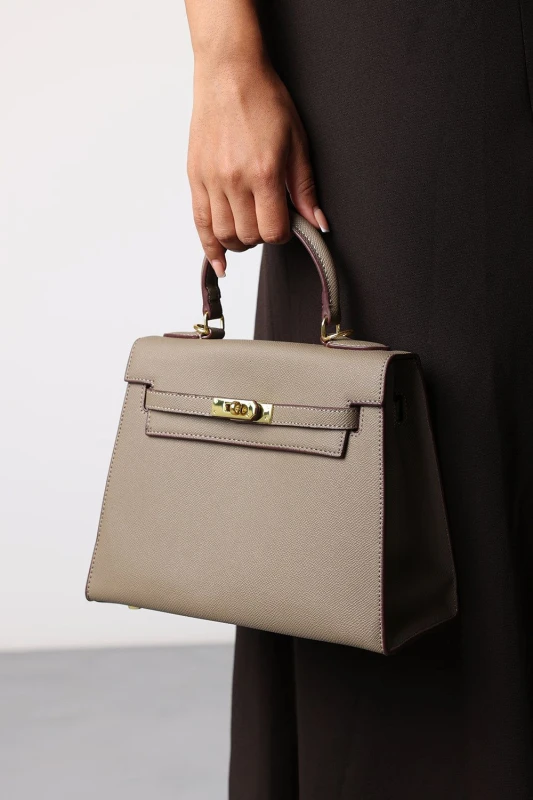 Image of Where's That From Womens 'Lluvia' Top Handle Satchel Mini Tote Bag with Turn-Lock Closure in Taupe Female