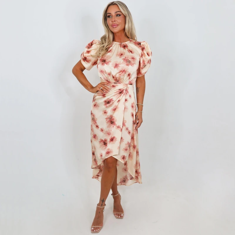 Image of AX Paris Floral Print Puff Sleeve Gathered Side Midi Dress Blush female 10 (S)