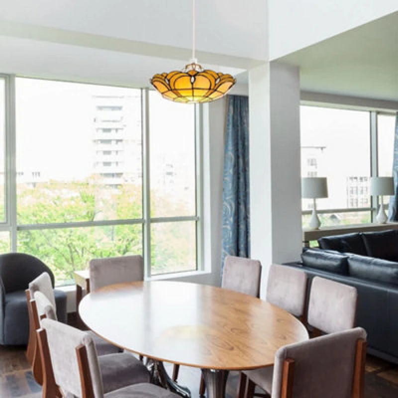 Image of ValueLights ValueLights Tiffany Amber Gold Stained Glass Ceiling Pendant Lamp Shade and Bulb Amber One Size Unisex 5016529011019