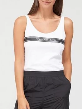 Image of Calvin Klein Jeans Stripe Logo Scoop Neck Tank Top - White