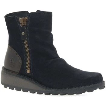 Image of Fly London Mon Womens Zip Fastening Suede Slouch Wedge Ankle Boots womens Mid Boots in Blue,5