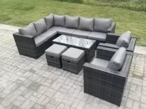Image of Fimous 8 Seater Outdoor Dark Grey Mixed Rattan Corner Sofa Set with Rectangular Coffee Table and 2 Big Footstool