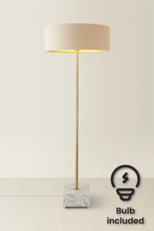 Image of ValueLights ValueLights Brit Marble Floor Lamp with Natural Linen Drum Lamp Shade and LED Bulb Natural One Size Unisex 5059406066191