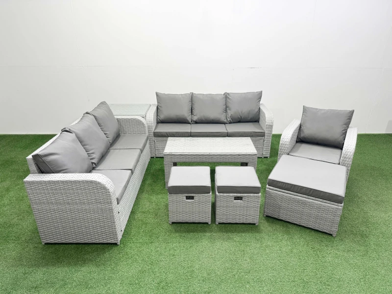 Image of Fimous 10 Seater Poly Rattan Outdoor Garden Furniture Oblong Coffee Table Sofa Set Patio 3 Seater Sofa Reclining Chair 3 Seater Sofa 3 Stools Side Tab