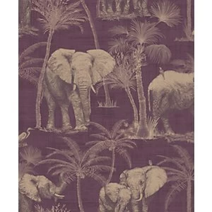 Image of Arthouse Elephant Grove Aubergine Wallpaper 10.05m x 53cm