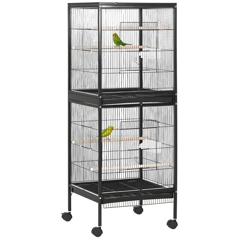Image of PawHut 2 In 1 Large Bird Cage Aviary with Wheels, Slide-out Trays Wood Perches, Black D10-074V00BK
