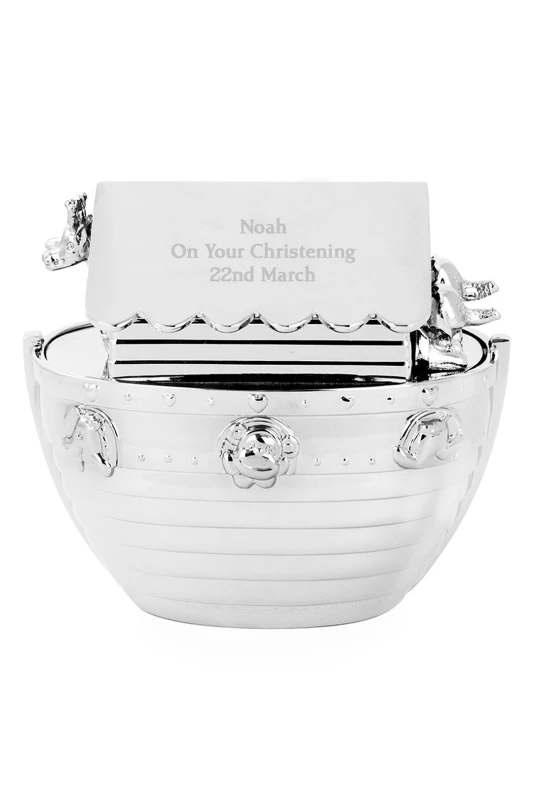 Image of Personalised Memento Company Personalised Silver Noahs Ark Money Box Metallic Silver