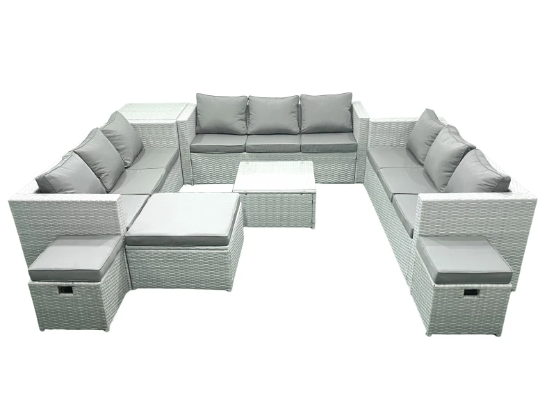 Image of Fimous Rattan Garden Outdoor Furniture Set 12 Seater Rattan Garden Sofa Set with 3 Footstools Side Table Light Grey Mixed Light Grey