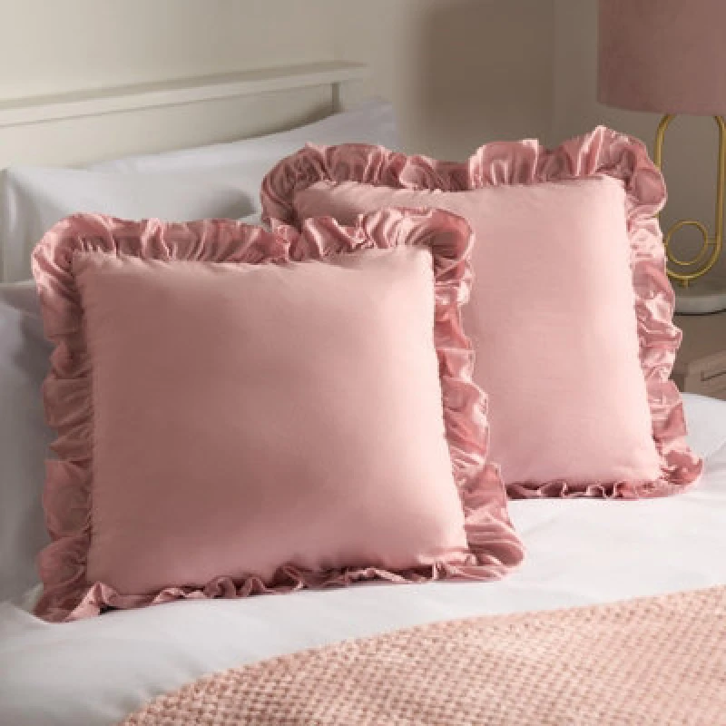 Image of OHS OHS 2 x Plain Faux Linen Frill Cushion Covers in Pink Size: 45cm x 45cm Pink 45cm x 45cm Unisex 5027434201334