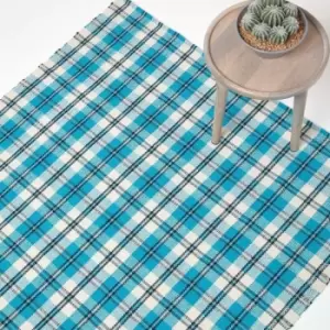 Image of Irvine Handwoven Blue Tartan 100% Cotton Rug, 70 x 120cm - Blue - Homescapes