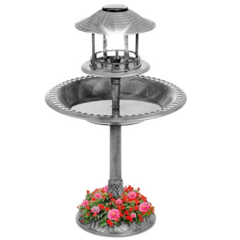 Image of Gr8 Garden Grey Pedestal Bird Bath Feeder Planter Solar Light Garden Feeding Table Station Grey unisex