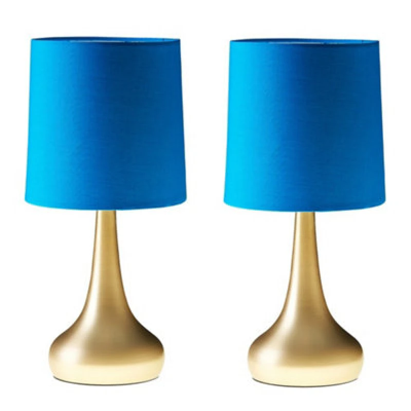 Image of ValueLights ValueLights Teardrop Pair Fabric Shades Brushed Gold Touch Table Lamps with Bulbs in Bright Blue Bright Blue One Size Unisex 5059406002632