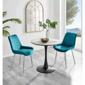 Image of Furniture Box Elina White Marble Effect Round Dining Table and 2 Blue Pesaro Silver Chairs