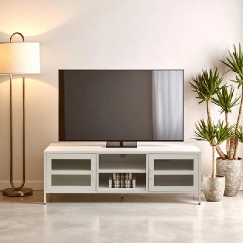 Image of Orsina Industrial Two Door White Metal Media Unit, Classic Livingroom Media Unit, Versatile Shelving Media Unit