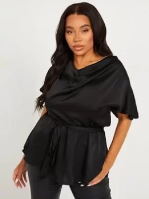 Image of Quiz Curve Curve Satin Cowl Neck Peplum Top, Black, Size 18, Women