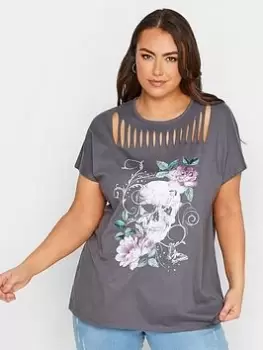 Image of Yours Placement Print Laser Cut Tee - Grey, Green, Size 30-32, Women