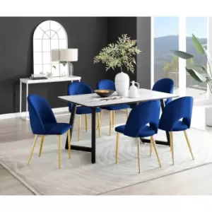 Image of Furniture Box Carson White Marble Effect Dining Table and 6 Blue Arlon Gold Leg Chairs