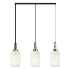 Image of Luminosa Linear 3 Light Pendant E27 With 20cm Tubular Ribbed Glass, Opal Polished Nickel, Matt Black