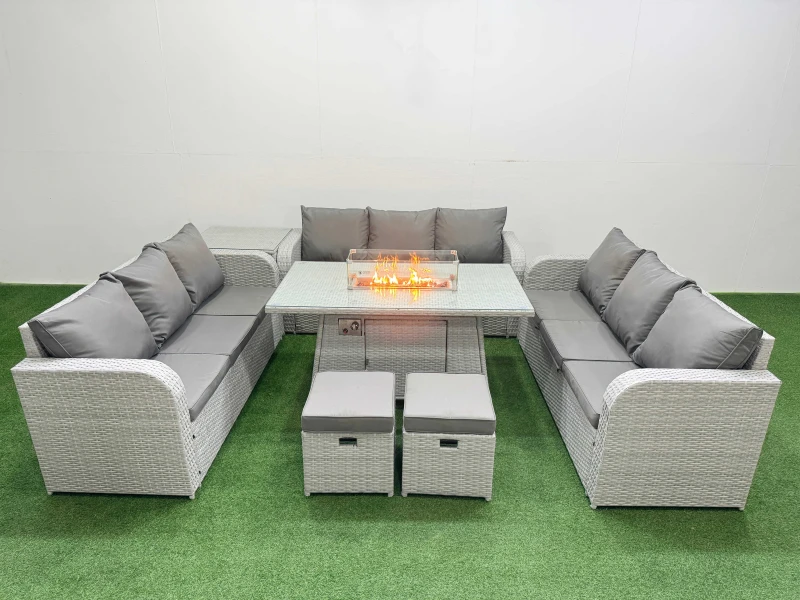Image of Fimous PE Rattan Lounge Sofa Set 11 Seater Outdoor Garden Furniture Set with Firepit Dining Table 3 Seater Sofa 2 Stools Side Table Light Grey Light G