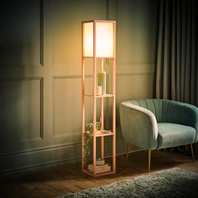 Image of ValueLights ValueLights Struttura Pastel Wooden Shelving Floor Lamp with Fabric Shade and Bulb in Baby Pink Baby Pink One Size Unisex 5059406065880