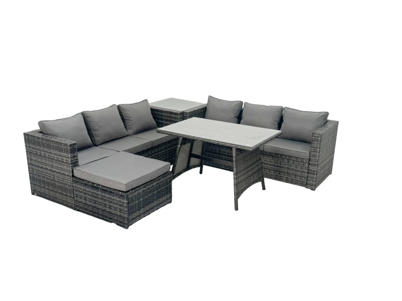 Image of Fimous Rattan Dining Table Sofa Set with Side Table 2 Big Footstools Outdoor in Dark Grey Dark Grey Unisex