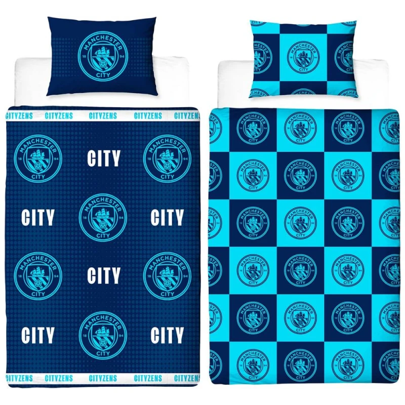 Image of Manchester City FC Crest Reversible Duvet Set in Mid Navy Size: Double Mid Navy Unisex Double