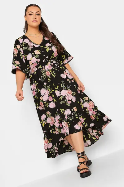 Image of Yours High Low Floral Maxi Dress - Black Size 18, Women