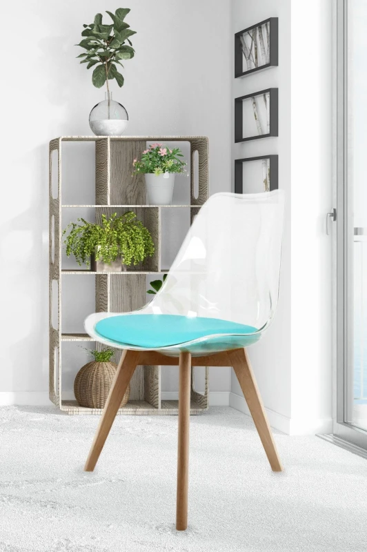 Image of Fusion Living Soho Clear Plastic Dining Chair with Squared Light Wood Legs in Aqua Unisex