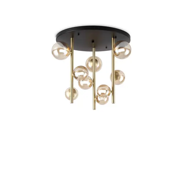 Image of Perlage 9 Light Globe Ceiling Light Brass, Amber Glass Shade
