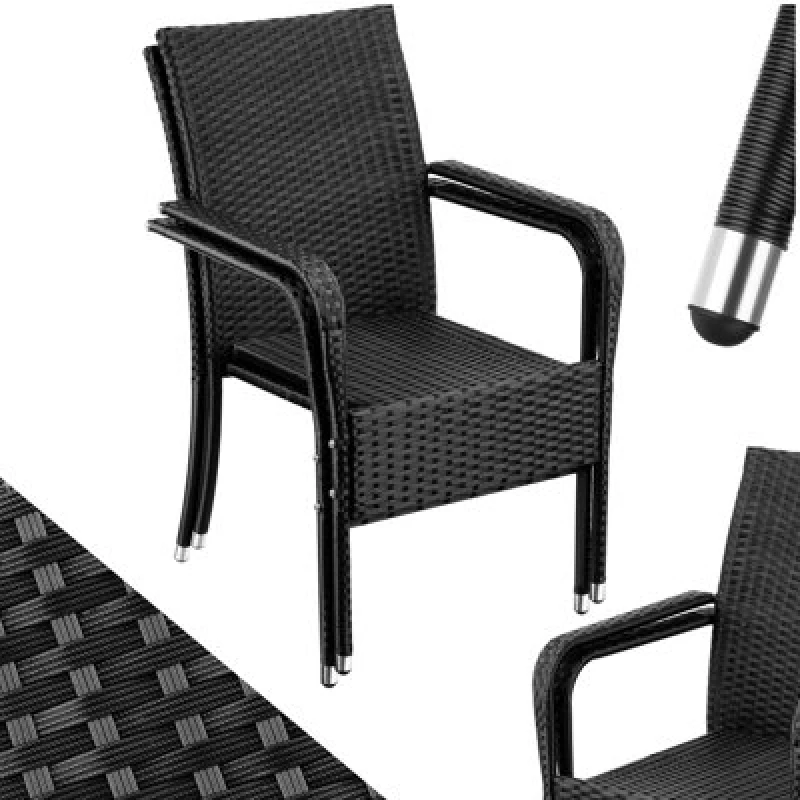 Image of Tectake Rattan Garden Chair Girona - Polyrattan & Steel, Weather & Sun Resistant, Stackable - Black - Set Of 2