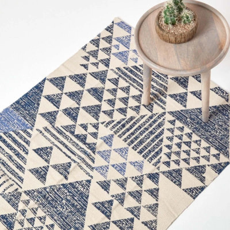 Image of Homescapes Delphi Blue And White Geometric Style 100% Cotton Printed Rug, 120 X 170 Cm