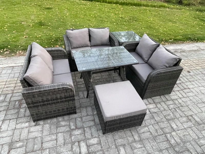 Image of Fimous Rattan Garden Furniture Set 7 Seater Patio Outdoor Love Sofa Set with Rectangular Dining Table Big Footstool Side Table Dark Grey