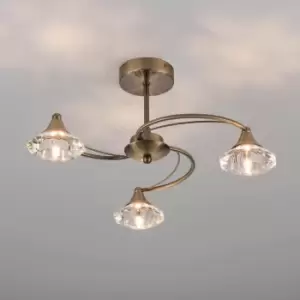 Image of 3 Light Semi Flush Ceiling Light Antique Brass Finish Clear Glass Shades