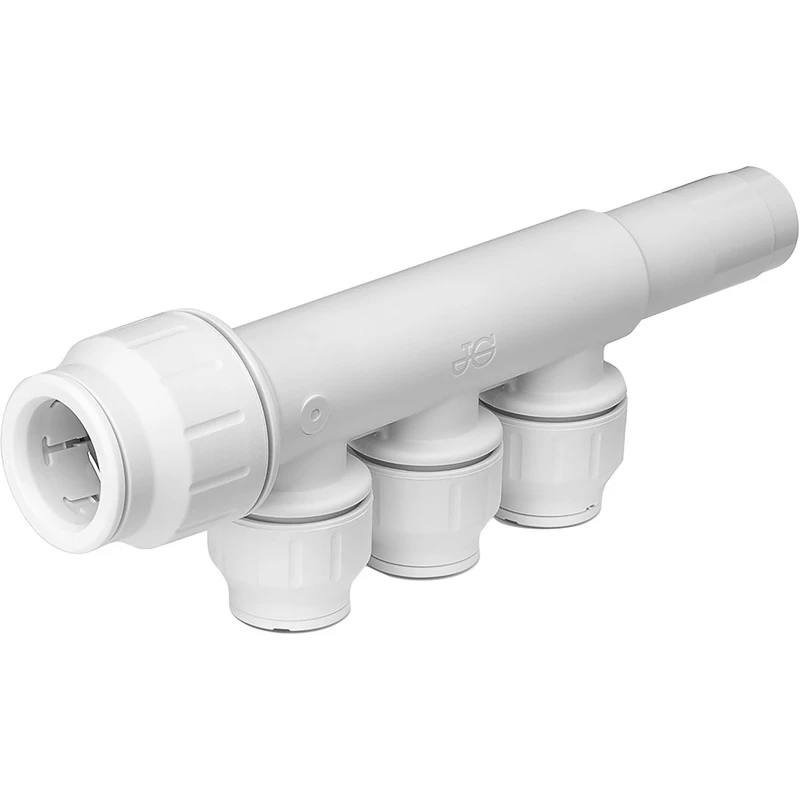 Image of John Guest 22mm x 15mm 3 Port Manifold With Stem PEM582215BWP White
