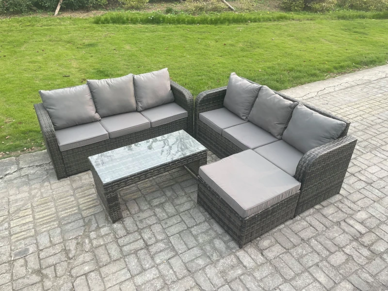Image of Fimous Outdoor Lounge Sofa Set Rattan Garden Furniture Set with Rectangular Coffee Table Big Footstool Dark Grey